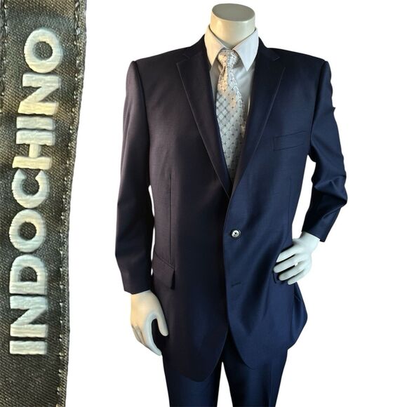 INDOCHINO Bespoke Men Custom Tailored Wool Navy Suit Jacket Pants 44-46R W40xL29 - Picture 1 of 16